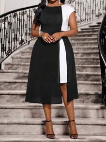 SHEIN Lady Vestido elegante casual de primavera y verano con estampado bohemio en color negro y contraste, cuello redondo, tejido de punto y gasa, cintura con efecto de patchwork, bajo ancho y elegante, talla grande, atuendo para vacaciones, atuendo de playa, vestido de boda, vestido de fiesta para mujer