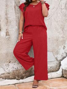 EMERY ROSE 大码套装：亚麻质感圆领盖袖蕾丝边宽松上衣 + 阔腿宽松裤，休闲度假装 - 紅色 - 查看 5