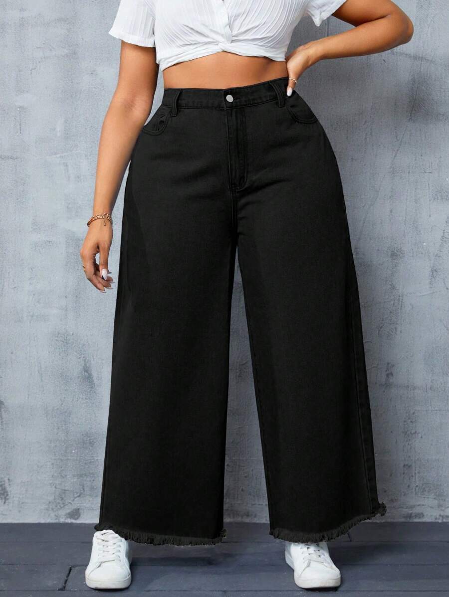 SHEIN SXY Plus Size Casual Solid Color Slant Pocket Frayed Hem Wide Leg Pants - Black - View 1