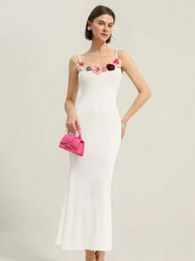SHEIN Unity 浪漫 3D 花卉装饰长款修身吊带连衣裙，优雅时尚，适合夏季春秋季 - 白色 - 查看 6
