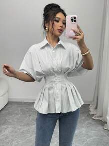 Chiquease Striped Pleated Elegant Waist-Cinched French Design Polo Collar Short Sleeve Shirt For Women - Mint Green - View 6