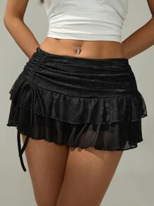 SHEIN PETITE Tiefsitzender Spitzen-Mesh Rock mit doppelter Lage, plissiert, mit Bindeband und hohem Schlitz, für Damen