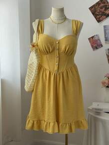 Flirla 新款优雅法式春季连衣裙，搭配迷人发夹公主设计，吊带领甜美度假迷你连衣裙，合身喇叭下摆 - 黃色 - 查看 4