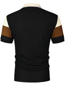Manfinity Mode Camisa tipo polo de manga corta con botones para hombre, con diseño de bloque de color y patrón de letras, regalo para novio - Negro - Ver 2