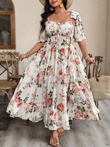 Weeklong 加大码女式优雅法式淑女时尚个性化百搭泡泡袖收腰修身长裙，适合日常、外出、通勤 - 彩色 - 查看 1