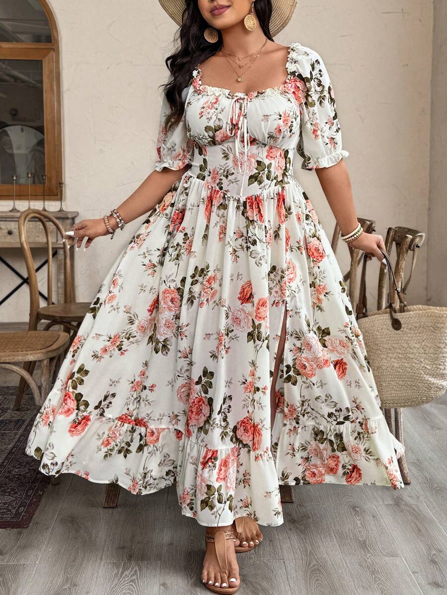 Weeklong 加大码女式优雅法式淑女时尚个性化百搭泡泡袖收腰修身长裙，适合日常、外出、通勤 - 彩色 - 查看 1