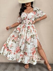 Weeklong 加大码女式优雅法式淑女时尚个性化百搭泡泡袖收腰修身长裙，适合日常、外出、通勤 - 彩色 - 查看 7