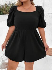 SHEIN CURVE+ 女式加大码黑色方领荷叶边泡泡袖褶皱后背连体衣，宽松版型，夏季 - 黑色 - 查看 8