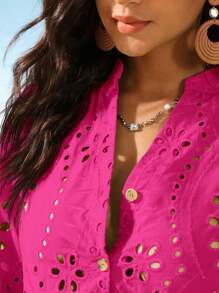 Aveloria Modichic Váy chữ A thêu lỗ ren trơn trang phục đi nghỉ cho nữ - Màu Hồng Tươi - Xem 7