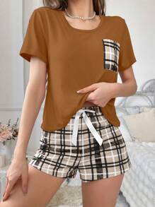 2pcs Plaid Print Pocket Pajama Set - Plaid Shorts - Coffee Brown - View 3