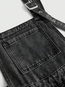 ROMWE Punk Style Women Distressed Spider Print Straight Leg Boyfriend Denim Overalls - Dark Grey - View 3