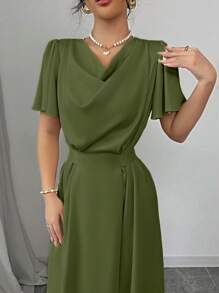 Elenzga Vestido largo de satén color champán con diseño de cuello drapeado, ajuste en la cintura y lazo en la espalda, adecuado para el Día de San Valentín y la temporada de bodas