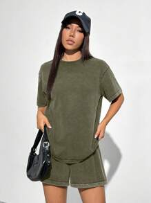 SHEIN EZwear 女士复古风T恤短裤两件套 - 軍綠色 - 查看 4