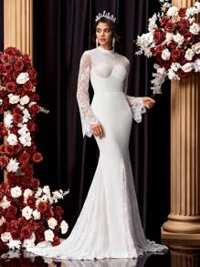 Glamrae Elegant Luxurious Lace Patchwork Elastic Knit Sheer Long Sleeve Bodycon Mermaid Dress, Suitable For Wedding, Party, Honeymoon, Bridal, Bride - Beige - View 5