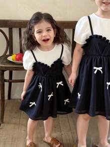 SHEIN 2 pièces Ensemble robe à bretelles mignonne avec nœud papillon et Top à manches courtes pour bébé fille, été