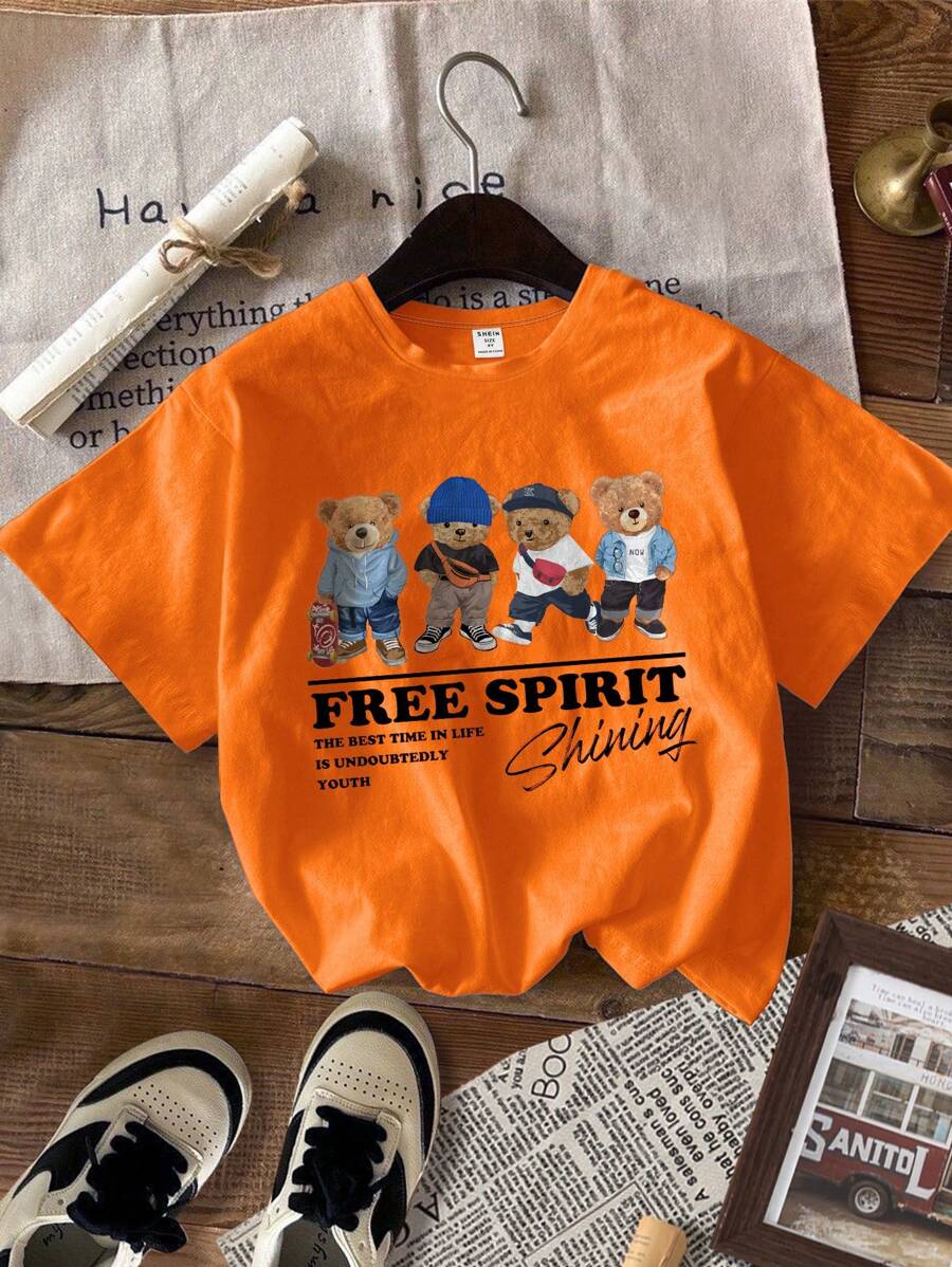 SHEIN Leap Crew 年轻男孩休闲简约圆领 T 恤，适合夏季 - 橘色 - 查看 1
