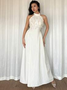 SHEIN Unity 女士优雅挂脖荷叶边花卉装饰褶皱摆无袖连衣裙 - 白色 - 查看 8