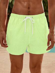 Manfinity VDAYZ Men's Plaid Drawstring Waist Beach Shorts, Vacation - Mint Green - View 5