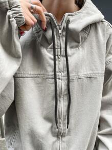 FRIFUL 女士休闲洗水牛仔连帽夹克 - 淺灰色 - 查看 6