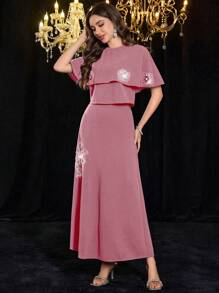 Modelyn 女士优雅圆领针织斗篷和裙子两件套，时尚修身 - 藕粉色 - 查看 3