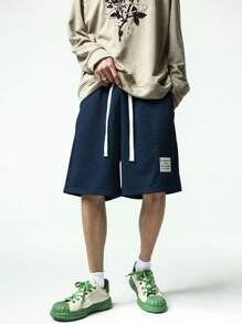 Chillumni Quần short nam cạp chun họa tiết chữ vá rộng rãi, quần short nam thường ngày - Màu xanh hải quân - Xem 5