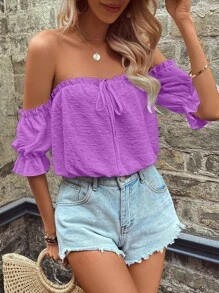 Breezaya Women's Vacation Solid Color Off Shoulder Loose Short Sleeve Shirt