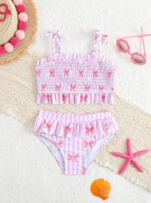 Young Girl Cute Bow Print Ruffled Swimwear Set, Light Pink Embroidered Two Pieces Bathing Suit - Multicolor - View 5