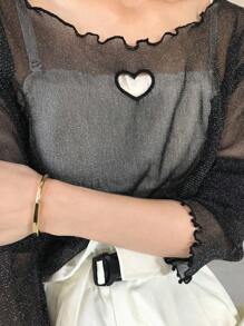 FRIFUL Women's See-Through Heart Shaped Frill Edged Fitted Tank Top Long Sleeve Women Tops - Black - View 6