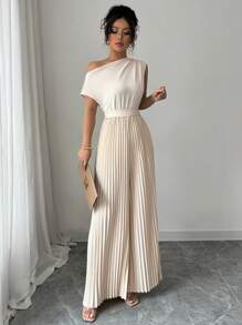 Elenzga Mono elegante de mujer con hombro asimétrico y drapeado - Albaricoque - Ver 4