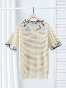 Manfinity Homme Chemise en tricot à manches courtes ample avec col rayé et effet ajouré pour homme, chemise ajourée en crochet