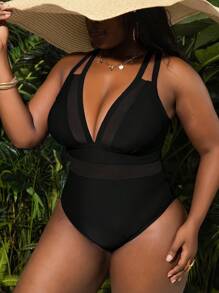 Slaydiva Sexy Deep V-Neck Mesh Splice Shoulder Design Plus Size One-Piece Swimsuit For Summer Beach Vacation - Black - View 5
