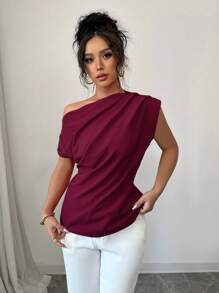 Elenzga Blusa de mujer con cuello asimétrico y plisada, de unicolor