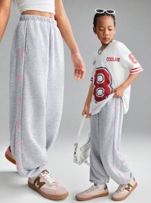 SHEIN Tween Girls Grey Extra Long Polyester Pants With Pockets And Pink Bow Details - Grey - View 6