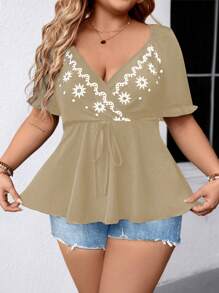 SHEIN LUNE Elegant Commuting & Vacation Casual Women's Fashion Versatile Bestseller Floral Fabric V-Neck Elastic Ruched Sleeve Cuffs Umbrella Hemline Design Black & White Plus Size Blouse, Spring/Summer/Autumn - Brown - View 1