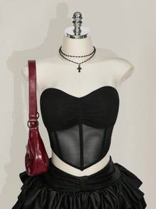SHEIN ICON Plus Size Ruched Bandana Hem Mesh Tube Black Corset Top - Black - View 1