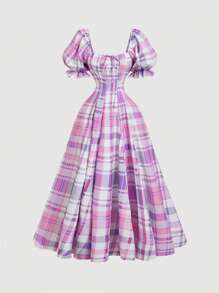 SHEIN MOD Váy in hoa cổ điển lãng mạn có đuôi váy có thể tháo rời, tay bồng trang trí xếp nếp, viền ren, thích hợp cho ngày lễ, dã ngoại, hẹn hò - Nhiều màu - Xem 1