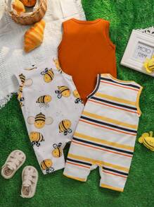 3 件套男婴蜜蜂条纹无袖连体衣和短裤套装，可爱卡通，婴幼儿男孩服装，儿童服装，舒适，适合夏季，3M-24M 婴儿蜜蜂服装，优质婴儿服装，婴儿中性服装，婴儿服装，新生儿中性服装 - 彩色 - 查看 2