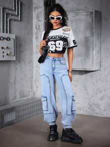 SHEIN ICON 女式休闲水洗卷边工装牛仔裤