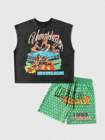 Street Life Herren bedrucktes Weste Set, minimalistisch modisch, geeignet für den Sommer