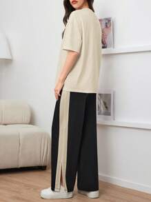 Seusyu 字母图案落肩 T 恤和撞色侧缝开衩裤两件套 - 杏色 - 查看 2