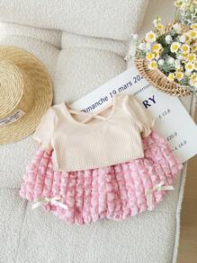 SHEIN 女婴可爱针织杏色短袖上衣和松紧腰泡泡下摆裙子两件套，夏季 - 彩色 - 查看 1