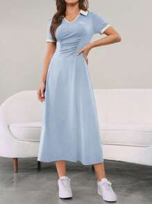 Seusyu Women's Contrast Color Collar Pleated Short Sleeve Casual Dress - Blue and White - View 8