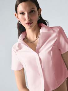SHEIN EZwear 女式夏季梭织纽扣衬衫 - 粉色 - 查看 7