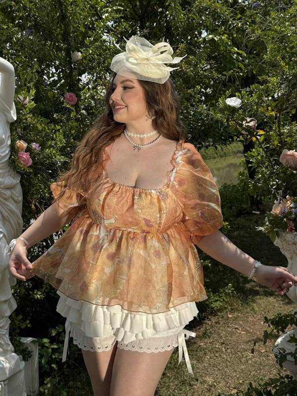 Lyrianda Plus Size Women Floral Print Puff Sleeve Holiday Shirt