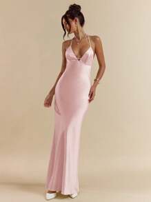 SHEIN BAE 杏色白色深 V 领细肩带超长露背系带缎面鱼尾连衣裙，优雅连衣裙，度假连衣裙，伴娘连衣裙，生日派对连衣裙，毕业礼服，白色连衣裙 - 珊瑚粉 - 查看 4