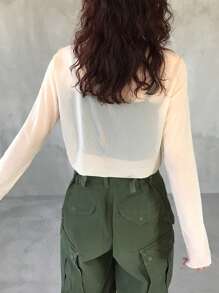 FRIFUL Áo thun nữ dáng ôm vừa vặn, mỏng nhẹ, cổ tròn, tay dài - Màu be - Xem 5