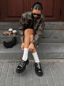DAZY Women's Street Style Faux Leather Lapel Jacket