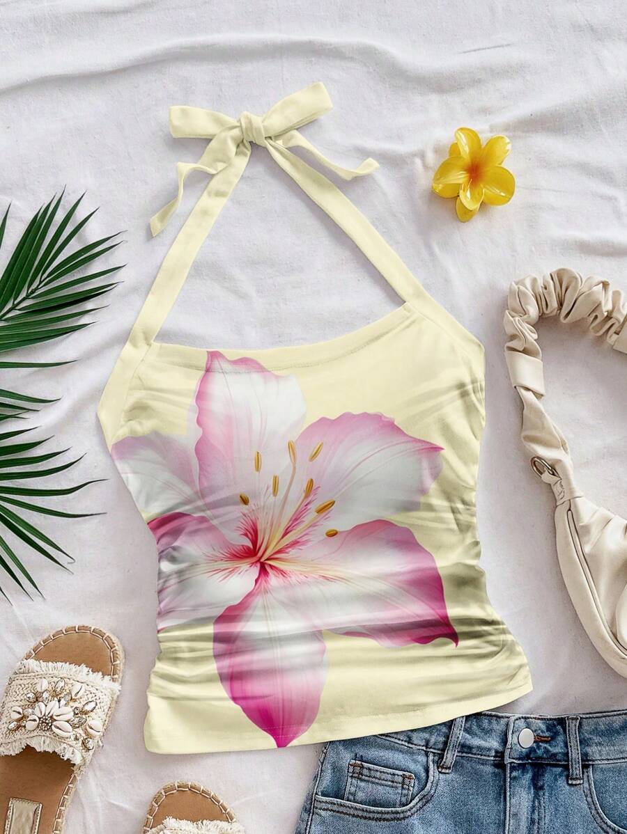 Soleia Women's Vacation Halter Neck White Knit Texture Slim Fit Tank Top For Summer Yellow Large Floral Print