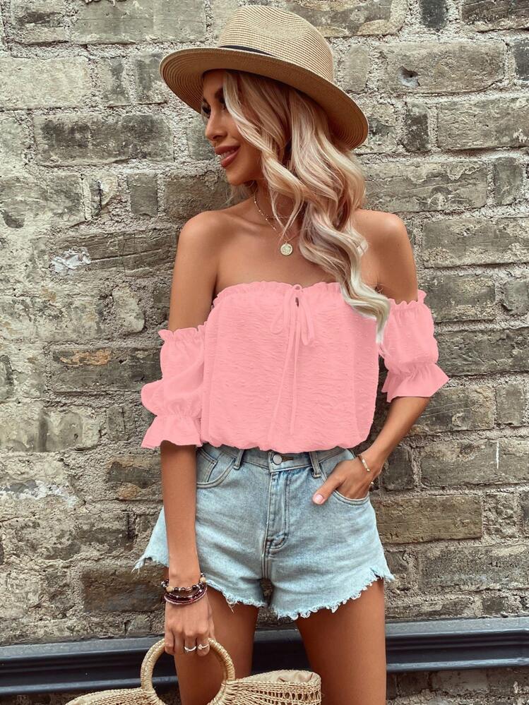 Breezaya Solid Color Knotted Ruffle Off Shoulder Casual Short Sleeve Shirt - Pink - View 3