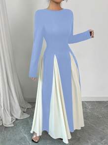 Chiquease 拼色长袖圆领拼布休闲办公连衣裙，适合聚会，秋冬季长款女装 - 藍色 - 查看 4